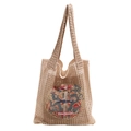 Borsa tote in maglia beige e caffè con ricamo drago e dettagli di nodi cinesi decorativi - Cachi