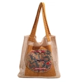Borsa tote intrecciata etnica con ricamo di drago cinese in beige e giallo a contrasto - Marrone