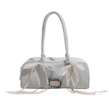 Light blue denim Boston bag with oversized white lace bows and silver metal logo plate - Light Blue