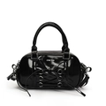 Glossy black Boston handbag with ribbon bow detail and silver hardware accents - Black