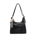 Black pebbled leather hobo tote bag with teddy bear charm and adjustable strap - Black