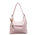 Pink soft leather large tote bag with front zipper pocket and cute plush bear charm - Pink