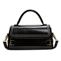 Classic black leather satchel bag with gold rivet edges and dual buckled top flap - Black