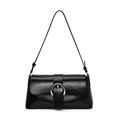 Glänzende schwarze Schultertasche aus Kunstleder mit silberner Schnalle und Klappverschluss - Schwarz