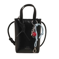 Elegant black glossy mini tote bag with crossbody strap and colorful charm pendant - Black with Tennis Racket Heart & Ball Pendant