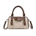 Elegante borsa Boston in tela beige e pelle marrone con tracolla rimovibile e rivetti - Marrone