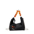 Black nylon handbag with floral embroidery, amber bead handle and silver chain strap - Black