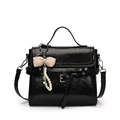 Elegant black glossy square handbag with pearl charm and checkered bow accessory - Black With Checkered Bow Pearl Heart Charm