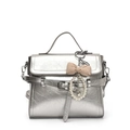 French style silver mini square bag with metallic crinkle texture and bow charm - Silver With Checkered Bow Pearl Heart Charm