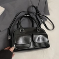 Minimalist black glossy Boston handbag with vintage wrinkled texture and dual front pockets - Black - Without Pendant