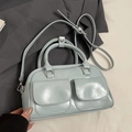 Light blue glossy wrinkled texture Boston handbag with double front pockets and strap - Blue - Without Pendant