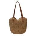 Grande borsa tote in paglia con motivo intrecciato a V e manici in pelle marrone - Cachi