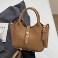 Sac seau en cuir grainé marron kaki avec fermoir doré et bandoulière réglable - Khaki - Sans Pendentif