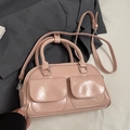 Pink Boston handbag in glossy wrinkled leather with dual front pockets and silver straps - Pink - No Pendant