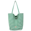 Green and white striped canvas tote bag with handmade metal plate detail - Green