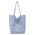 Blue and white striped canvas tote bag featuring handmade label and double shoulder straps - Navy Blue