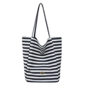 Classic navy and white striped canvas tote bag with slim shoulder straps and metal plate - Dark Blue