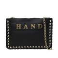 Borsa a busta in pelle martellata nera con logo HAND dorato e tracolla a catena - Nero