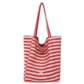 Red and white striped canvas tote bag with handmade metal badge and long red straps - Red