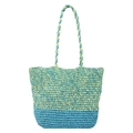 Bolso tote de paja con rayas en contraste verde y azul cielo y asas delgadas - Azul