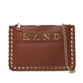 Pochette marrone in pelle martellata con lettere HAND dorate e tracolla a catena intrecciata - Marrone
