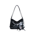 Grand sac hobo noir brillant avec nœud en dentelle et pendentif en perles - Sans Pendentif / Noir