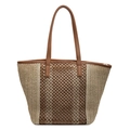 Bolso grande de paja para verano con asas de cuero marrón y diseño de malla color-block - Blanco Roto