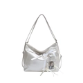Grand sac cabas blanc crème avec nœud en dentelle, perle et porte-carte décoratif - Sans Pendentif / Blanc