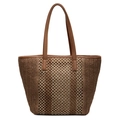 Bolso tote de paja calado en marrón y beige con rayas en contraste y correas de cuero PU - Caqui