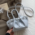 Chic light blue pleated bucket bag with metallic buckle and detachable shoulder strap - Blue (Without Charm)