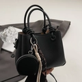 Minimalist black lychee pattern bucket bag with knot handle and round pouch - With Matching Color Round Purse and Knot Decor / Black