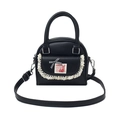 Borsa Boston nera stile balletto con bordo in pizzo, fiocco a scacchi e toppa con coniglio - Nero