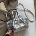 Chic silver metallic pleated bucket bag with top handles and adjustable crossbody strap - Silver (No Pendant)