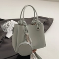 Chic mint green lychee pattern bucket bag with knot handle and small round coin purse - With Matching Color Round Purse and Knot Decor / Light Blue