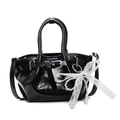 Glossy black pleated bucket bag with lace bow and pearl charm for casual crossbody wear - Black (With Lace Pearl Bow)