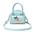 Light blue PU Boston bag with white lace trim, plaid bow and adjustable strap - Lake Blue