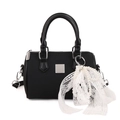 Minimalist black cylinder pillow bag with leather trim and pearl lace charm - Black + Lace Pearl Bow