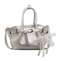 Chic cream pleated bucket handbag with pearl lace bow charm and crossbody strap - Cream White (With Lace Pearl Bow)