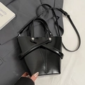 Polished black oil wax leather bucket bag with silver rivet details and adjustable strap - Black - Without Pendant