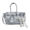 Elegant light blue leather bucket bag with pearl lace bow and slim shoulder strap - Blue (With Lace Artificial Pearl Bow)