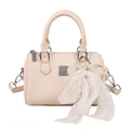 Minimalist cream-colored Boston bag with elegant pearl chain and lace bow ornament - Off-White with Lace Pearl Bow