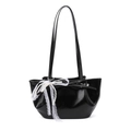 Sac à bandoulière noir brillant de style français avec nœud en dentelle et perles - Noir sans Pendentif