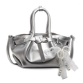 Silver metallic pleated bucket bag with pearl bow and lace charm in white studio lighting - Silver (With Lace Pearl Bow)