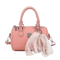 Pink woven boston bag with leather handles and pearl bow charm accessory - Pink With Lace Pearl Bow