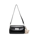 Chic black wax leather pillow shoulder bag with silver clasp and plush bear charm - Black (With Bear Pendant)