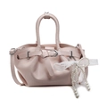 Elegant light pink pleated bucket bag with pearl lace bow charm and crossbody strap - Pink (With Lace Pearl Bow)