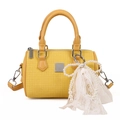 Yellow tweed boston bag with elegant pearl bow and lace scarf decorative accessories - Yellow With Lace Pearl Bow