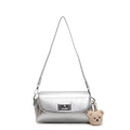 Metallic silver crossbody pillow bag with wrinkled leather texture and bear charm - Silver (With Bear Pendant)