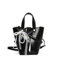Sac seau chic en cuir noir ciré avec nœud en dentelle et breloque poupée de dessin animé - Noir Avec Nœud Perle Pendentif