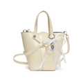 Sac seau en cuir ciré blanc crème avec breloque perle et nœud en dentelle - Blanc Avec Nœud Perle Pendentif